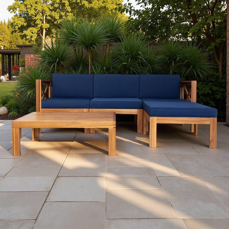 5-Piece Outdoor Patio Solid Wood Sectional Sofa with Coffee Table and Cushions - Blue