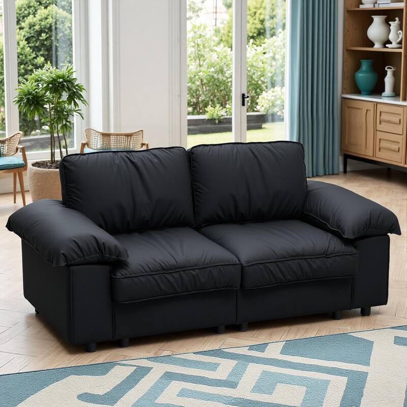 Leather Compact Sofa Couch with Hidden Storage, Minimalist 2-Seater Loveseat Sofa Couch with Pillow Armrests