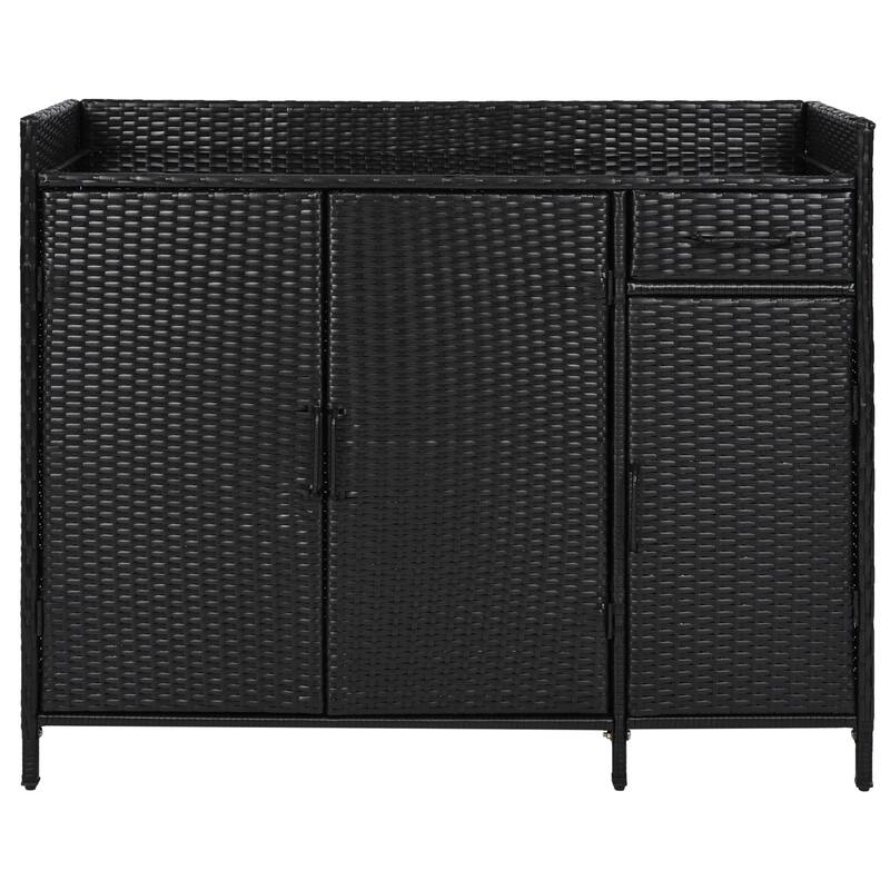 47.5"W Wicker Outdoor Storage Cabinet with Glass Desktop, Weather-proof Rattan Bar Table with Three Doors, Adjustable Shelf