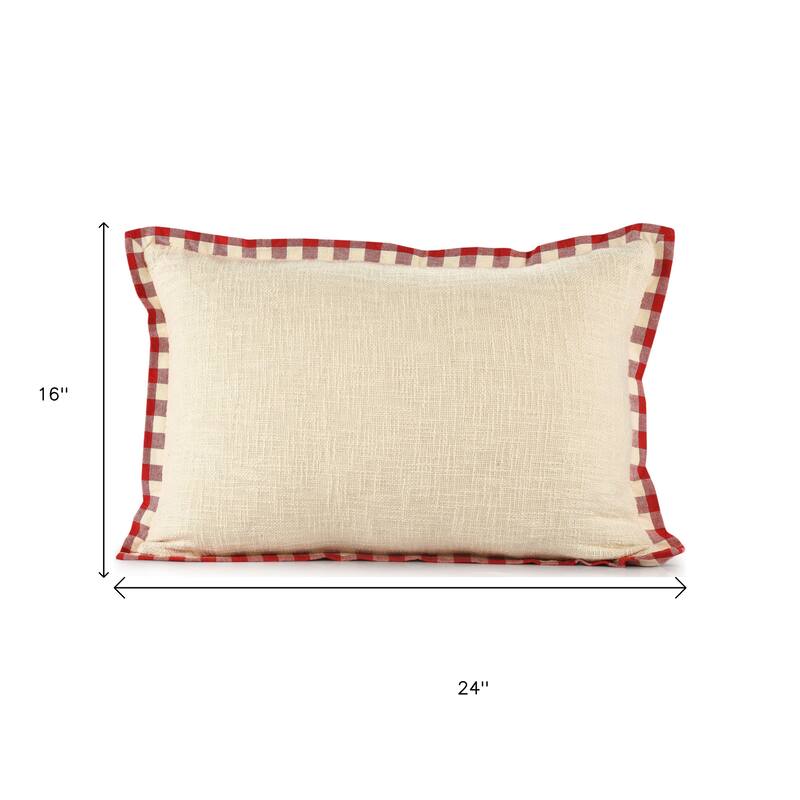 Set of Two Ivory And Red Lumbar Christmas Cotton Throw Pillow Covers