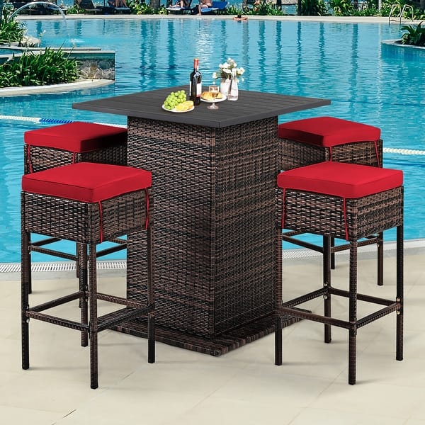 slide 2 of 7, 5 PCS Outdoor Rattan Bar Set Patio Bar Furniture with Cushions Stools