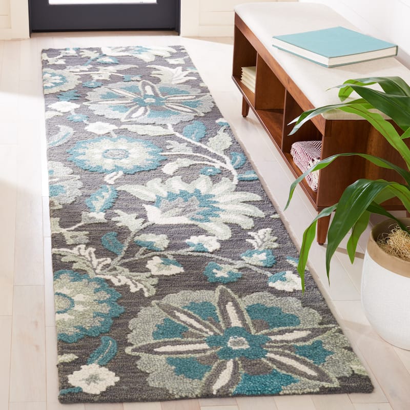 SAFAVIEH Handmade Blossom Agripina Floral Wool Rug - 2'3" x 9' Runner - Grey/Blue