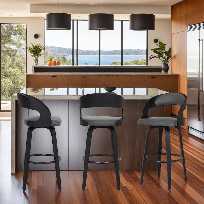 Shelly Mid-Century Swivel Bar Stool, Upholstered Counter Height Chair with Bentwood Legs - Grey & Black - Counter Height - Set of 3