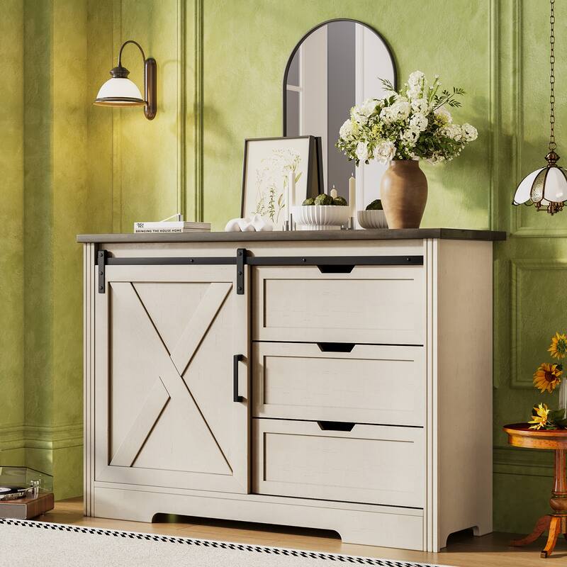 Farmhouse Sliding Barn Doors Sideboard Storage Cabinet with 3 Drawers, Dining Room Buffet Cabinet Dresser Bar Chest - Beige+Brown