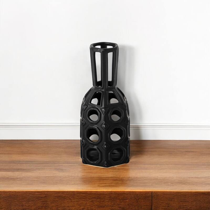 HomeRoots 9" Black Abstract Cylinder Metal Table Vase - 4" W x 9" H x 4" D