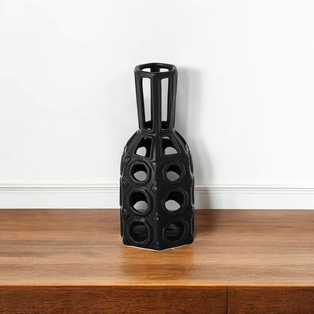 HomeRoots 9" Black Abstract Cylinder Metal Table Vase