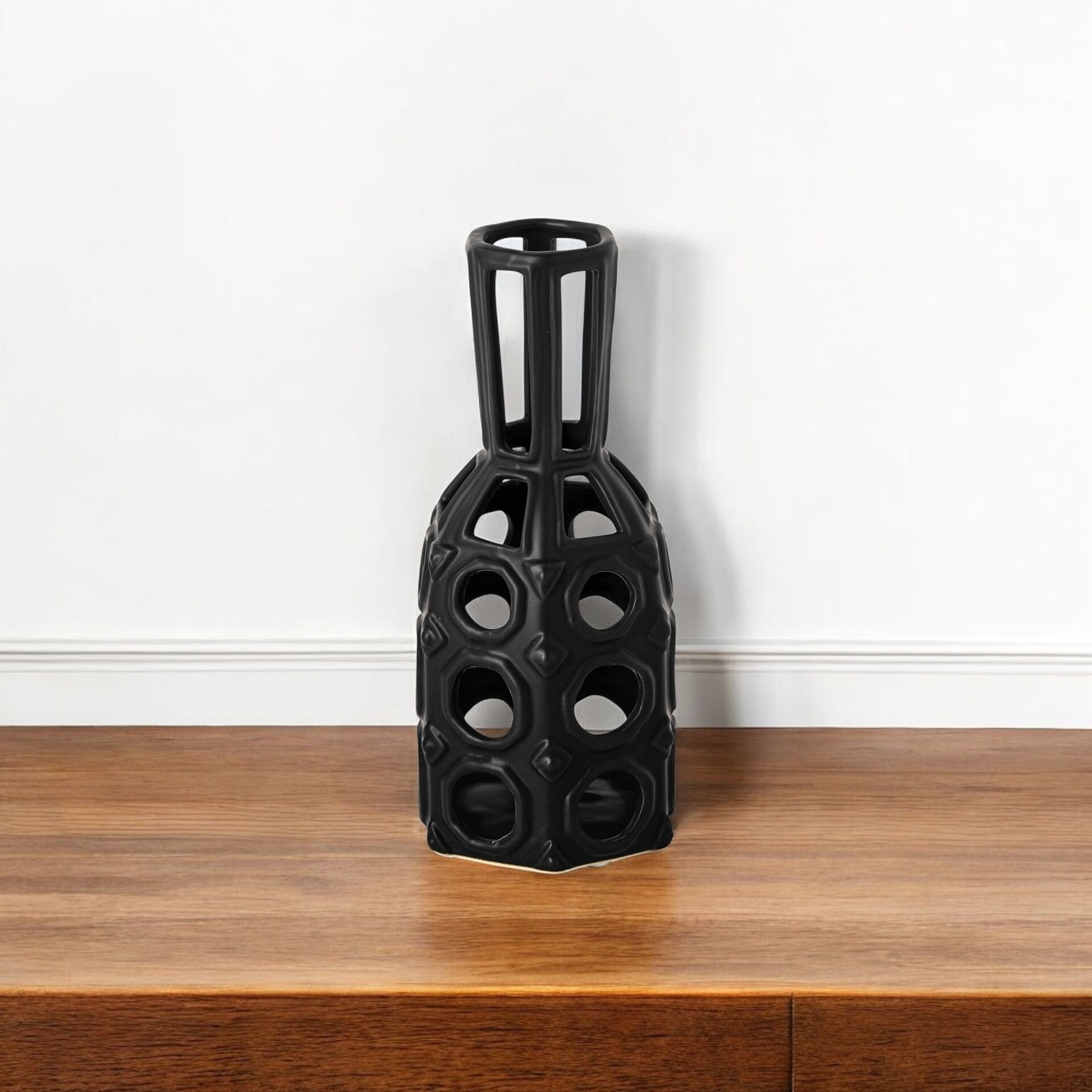 HomeRoots 9" Black Abstract Cylinder Metal Table Vase