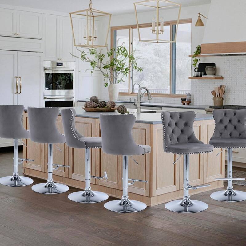 Velvet Upholstered Nailheads Tufted Swivel Bar Stools (Set of 6) - Grey SliverBase
