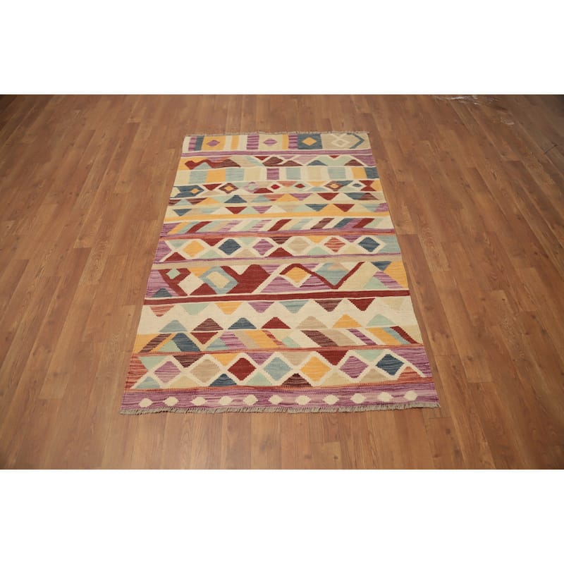 Hand Woven Oriental 100% Wool Carpet Southwestern Modern Multi-Colored Kilim Area Rug - 4' 10'' X 3' 1''
