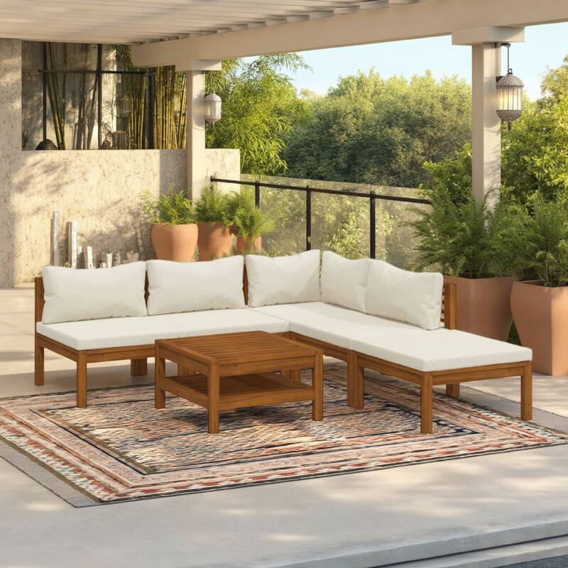 Lave 6pc Outdoor Modular L Sofa Set, Ivory Cushions, Wood Coffee Table