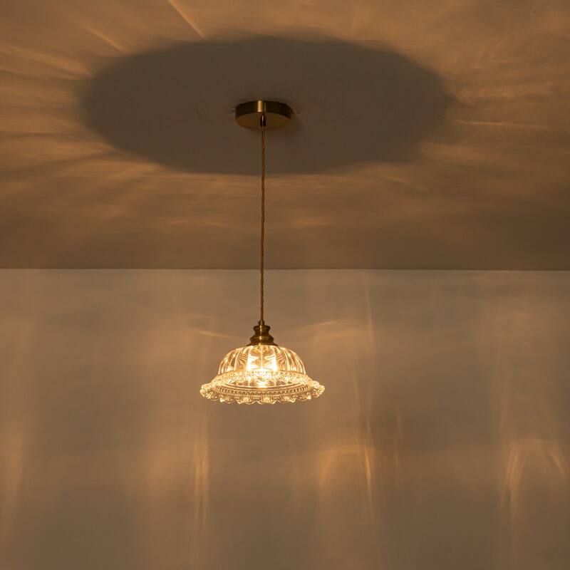 1-Light Modern Brass Glass Flower Pendant Light for Kitchen Island & Dining Area - 9.84 in. Dia x 5.43 in. H