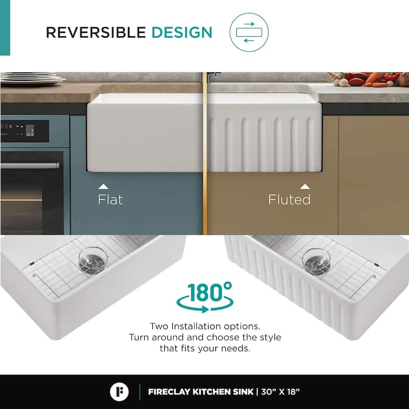 Premium White Fireclay Kitchen Sink for Home, Farmhouse (Grid & Strainer Included)