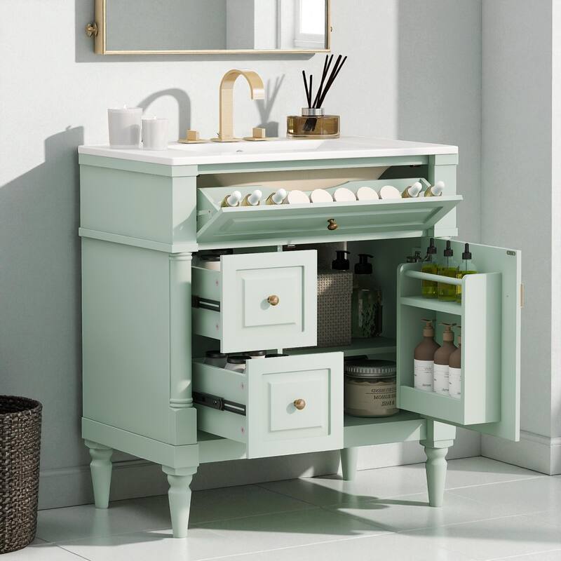 30" Freestanding Bathroom Vanity with Ceramic Sink, Solid Rubberwood Frame, Flip Drawer & Adjustable Shelf