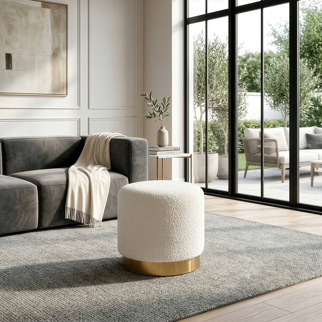 Bellini White Boucle Fabric Round Footstool Ottoman Medium Size