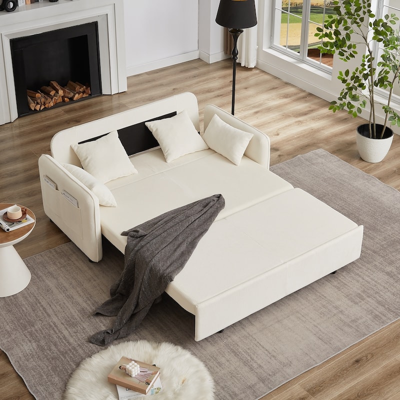 66 Inch Sleeper Sofa Bed with Pullout Bed 4 Pillows and Side Pockets Soft Corduroy Convertible Sleeper Sofa Bed