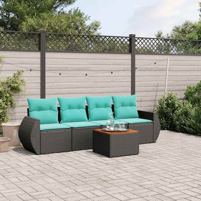 vidaXL 5 Piece Patio Sofa Set with Cushions Black Poly Rattan - 21.7x 24.4x 27.2