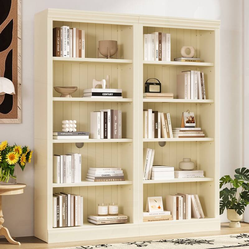 5-Tier Decor Bookshelves with Adjustable Shelves - Beige/Cream - 2-Piece