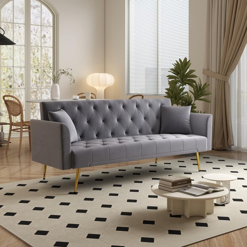 72" Modern Convertible Velvet Tufted Sofa with 2 Pillows