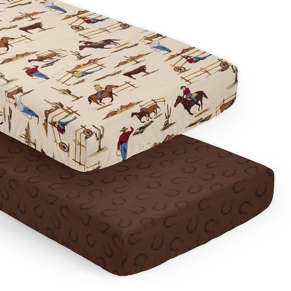 slide 2 of 6, Sweet Jojo Designs Tan Brown Western Cowboy Boy 2 Pack Fitted Crib Sheets Wild West Horseshoe Southern Country Horse Cow Animal