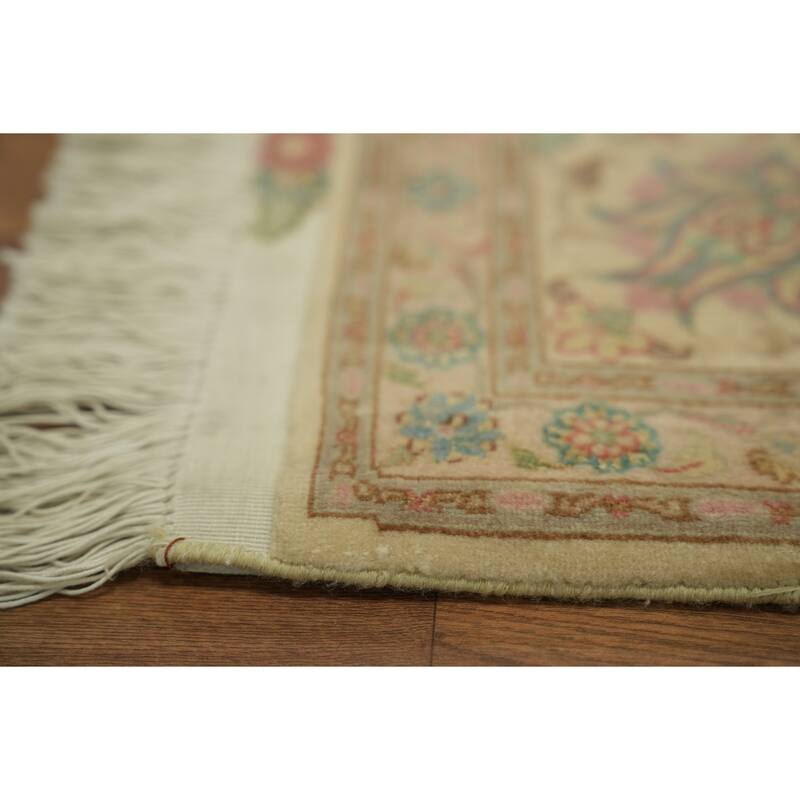 Hand Knotted Oriental Wool & Silk Carpet Traditional All-Over Beige & Ivories Tabriz Area Rug - 9' 9'' X 6' 8''