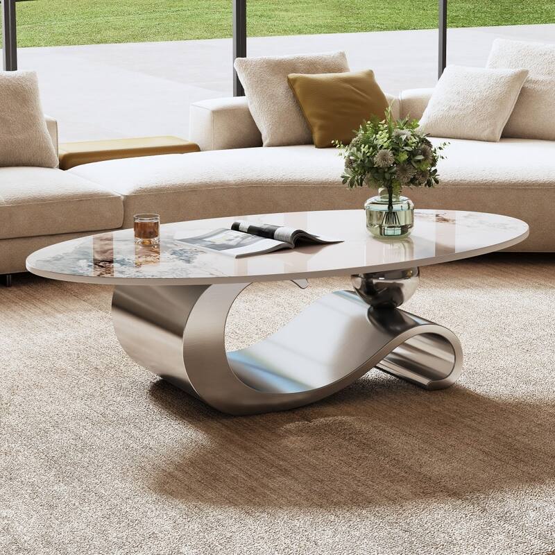 Modern Oval Faux Marble Coffee Table with Curved Stainless Steel Base