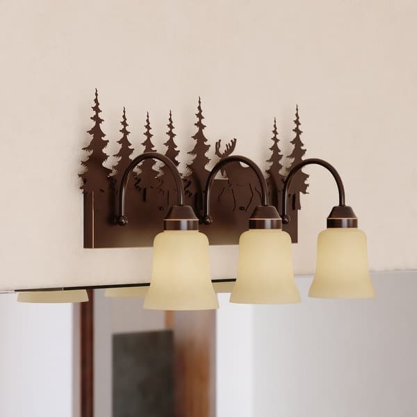 slide 2 of 12, Yellowstone 3-Light 24.75 in. W Burnished Bronze Rustic Bathroom Vanity Lighting Fixture, Amber Flake Glass, Moose, Trees Cabin 24.75-in W x 13.75-in H x 7.75-in D - Burnished Bronze