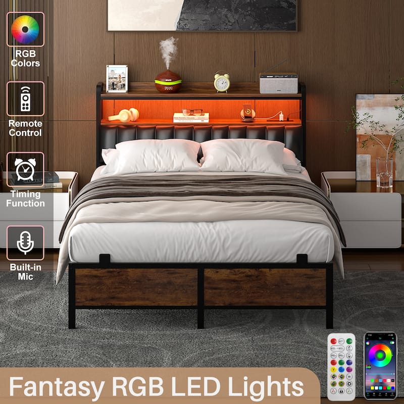Platform Bed Frame with Upholstered Storage Headboard, Full/ Queen/ King Beds with Charge Station and LED Lights