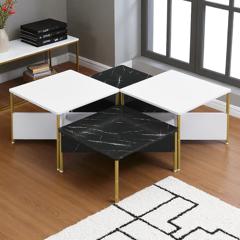 Modern Nesting Coffee Table Set of 4, Square Accent Tables with Adjustable Shape, Marble Finish & Metal Legs