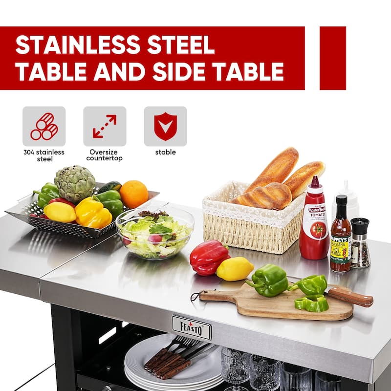 Feasto Grill Table, Outdoor Kitchen Island With 2 Foldable Side Tables, Stainless Steel Top For Outdoor Kitchen Cabinets