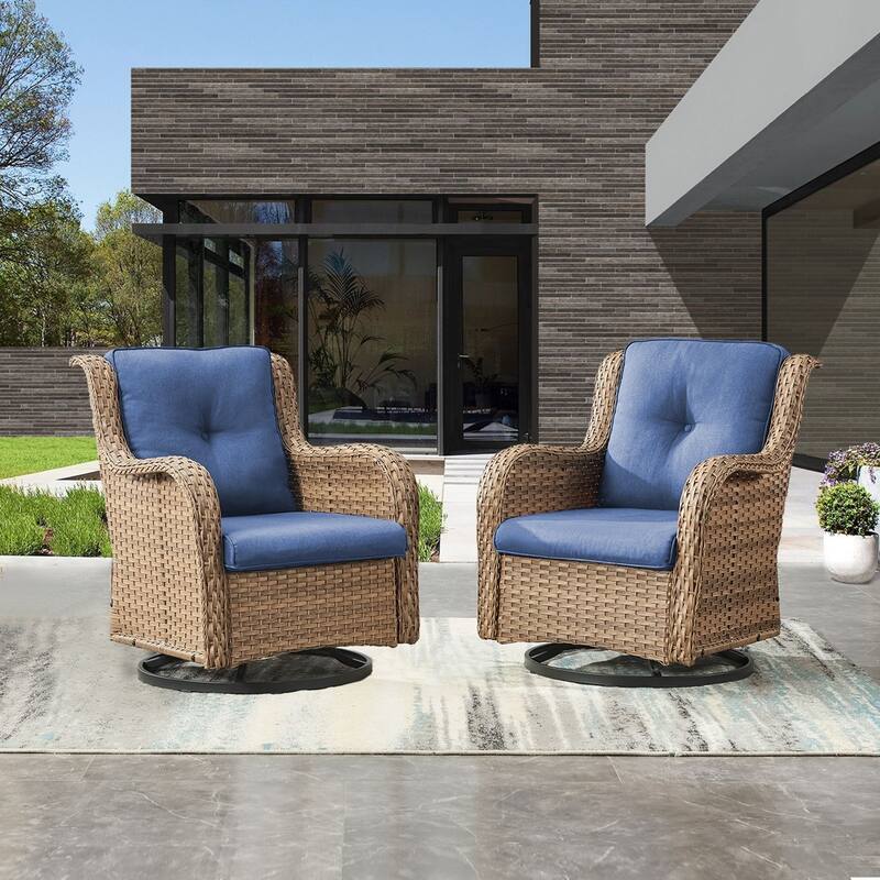 ArcoBay Wicker PE Rattan Outdoor Patio Swivel Glider Chairs with 4'' Olefin Cushions (2-Pack) - Yellow Wicker - Navy Blue
