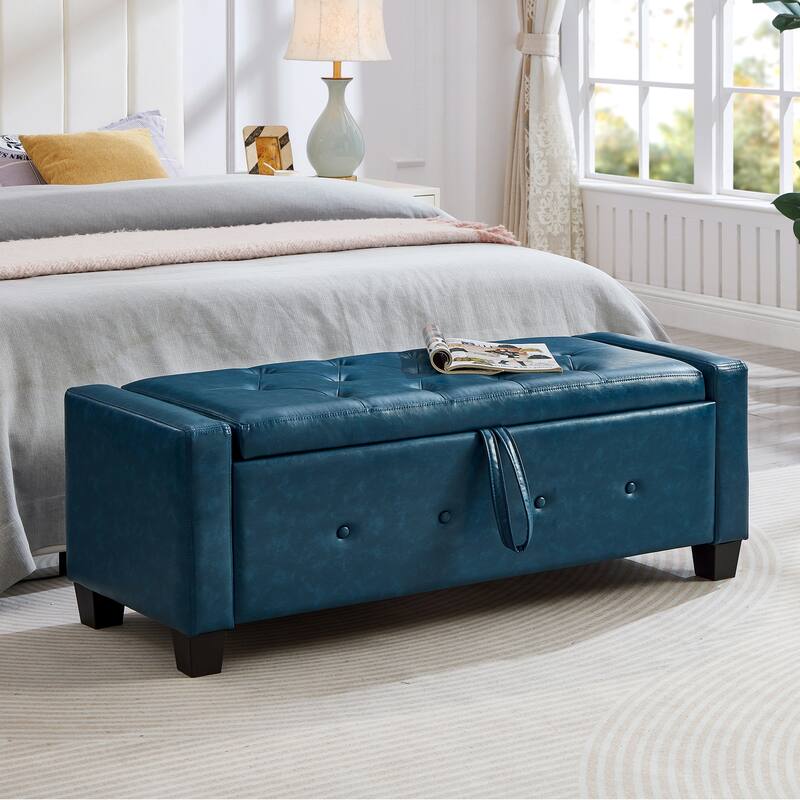 Tufted Faux Leather Storage Ottoman Bench for Bedroom, Living Room & Hallway, 48" Multifunctional Upholstered End of Bed Bench