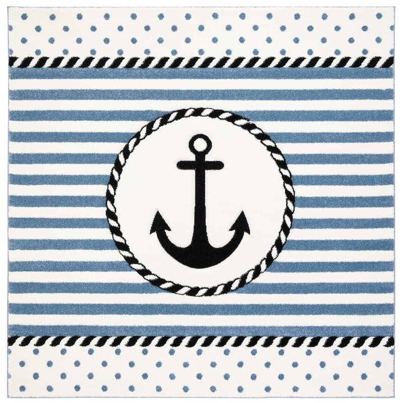 SAFAVIEH Carousel Kids Aftina Nautical Anchor Rug - 5'3" Square - Ivory/Navy - Square