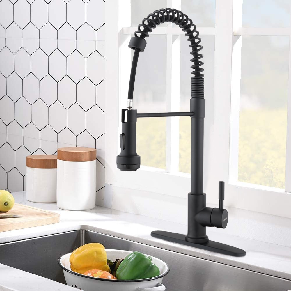 Single Handle Single Lever Pull Down Sprayer Spring Kitchen Sink Faucet  Matt Black Finish