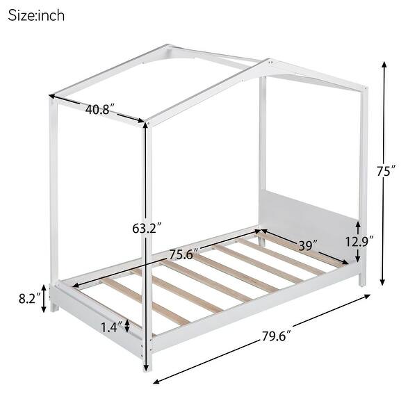 dimension image slide 1 of 2, Whimsical House-Shaped Twin Bed with Storage, Platform Bed with Built-in Headboard and Bookrack