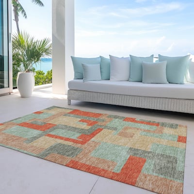 Machine Washable Indoor/ Outdoor Contempoary Blocks Chantille Rug