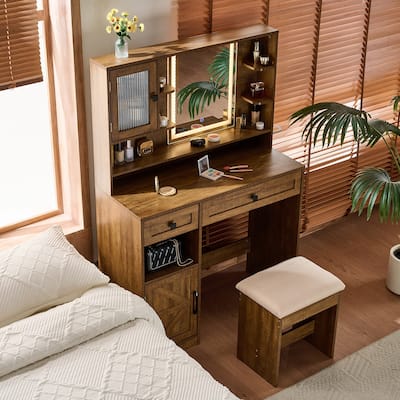 Makeup Vanity Desk with Mirror and Lights,Dressing Table Set with Charging Station and Stool,Drawers,Shelves and Side Cabinet