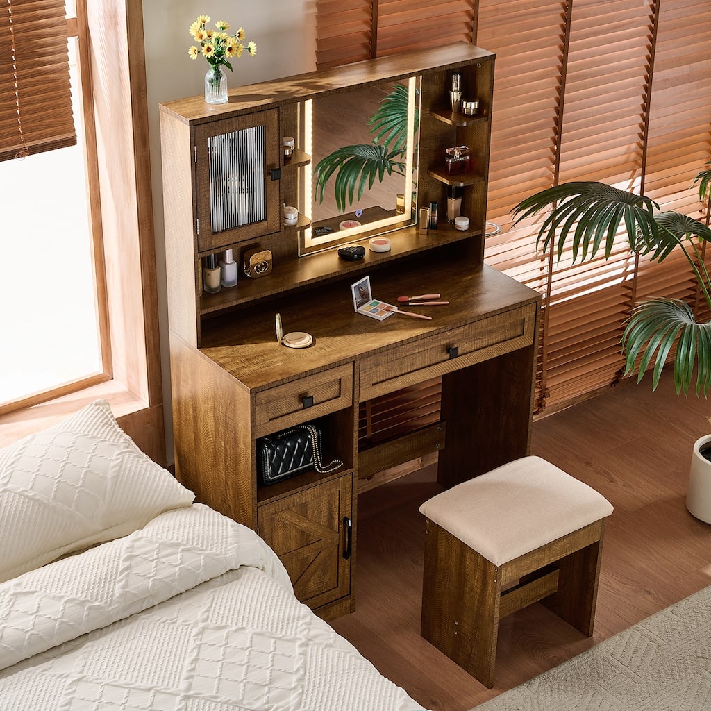 Makeup Vanity Desk with Mirror and Lights,Dressing Table Set with Charging Station and Stool,Drawers,Shelves and Side Cabinet