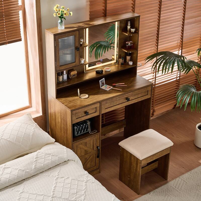 Vanity Desk with Touch Control Light Mirror, Dressing Table Set with Charging Station & Stool, Large Makeup Vanity Table - Rustic Brown