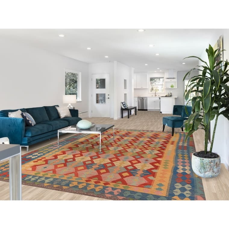 Geometric Kilim Oriental Area Rug Multi-Color Flatweave Wool Carpet - 8'4" x 11'10"