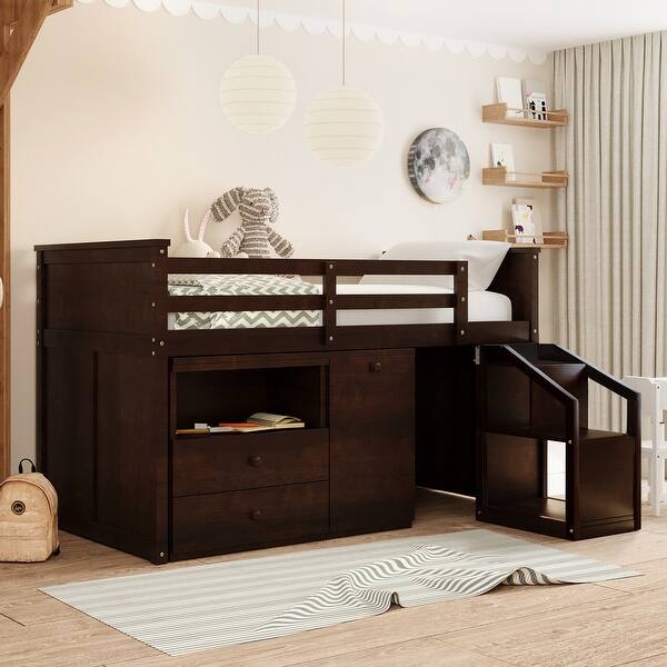 slide 2 of 9, Espresso Low Study Twin Size Loft Bed with Storage Steps and Portable, Desk Espresso