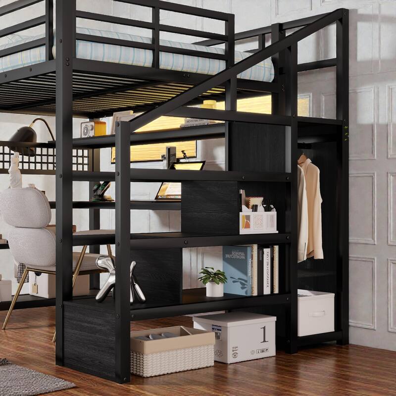 Full Size Metal Loft Bed with Staircase Storage, Wardrobe, Desk, Shelves, LED Lights and Charging Station