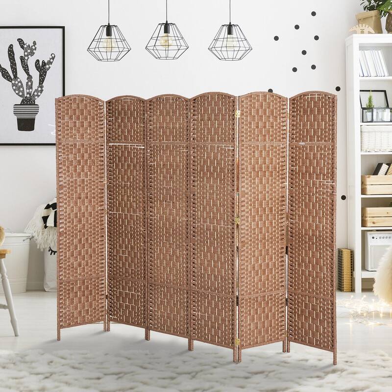 HomCom 6' Tall Wicker Weave Six Panel Room Divider Privacy Screen - Natural Blonde Wood - blonde wood
