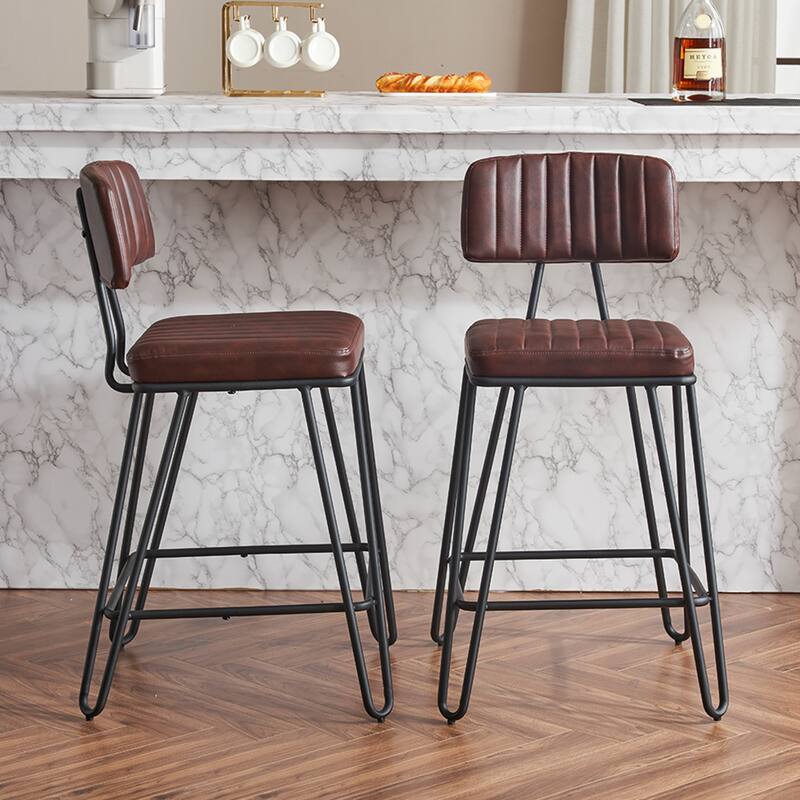 Industrial Style Bar Stools Set of 2, Faux Leather Bar Chairs with Metal Frame,Counter Height for Kitchen Island