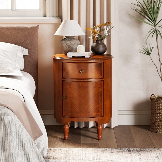 Assembled Solid Wood Nightstand, Round Beside Table with Drawer