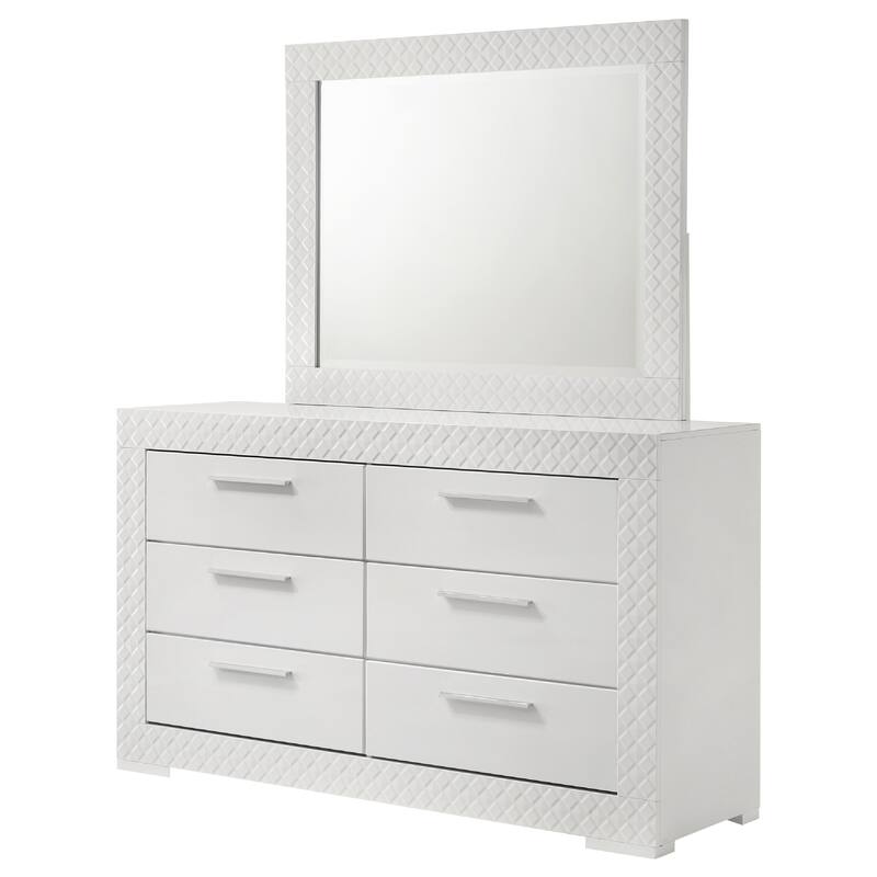 Ivon Wide Dresser with Mirror, 6 Drawers, White High Gloss, Metal