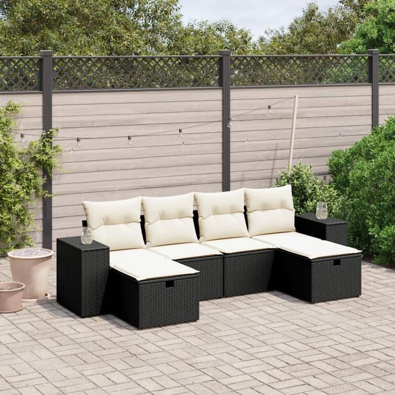 vidaXL Patio Sofa Set with Cushions Outdoor Furniture 6 Piece Poly Rattan - Black and cream Large