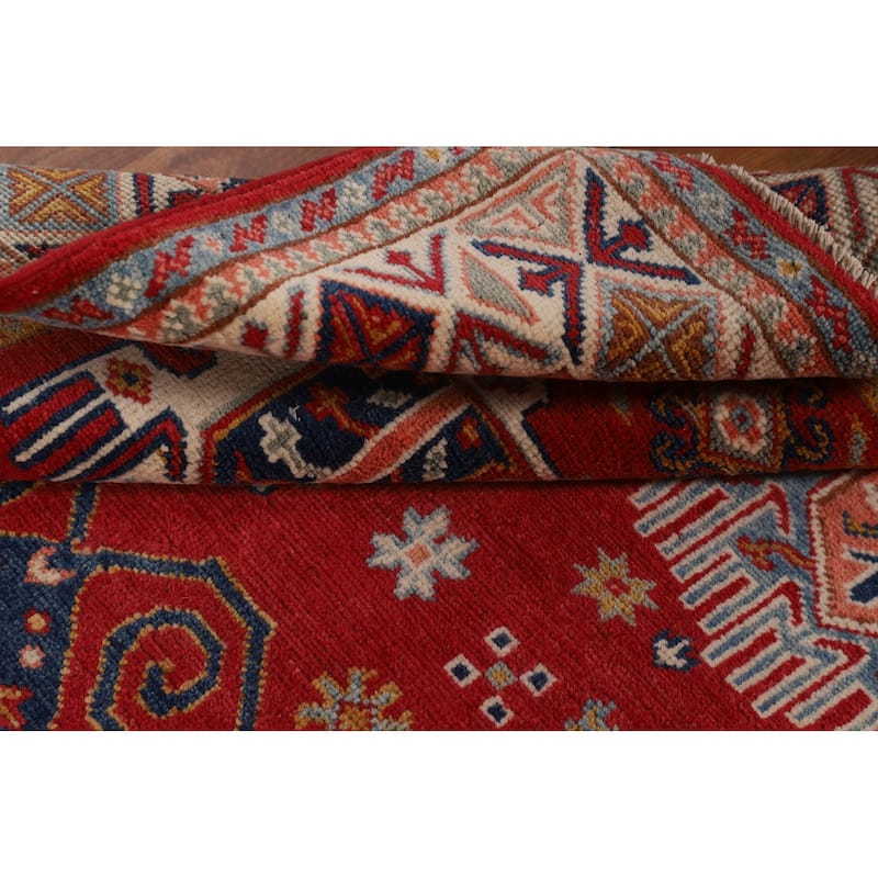 Red Geometric Kazak Oriental Accent Rug Hand-Knotted Wool Carpet - 4'3" x 6'0"