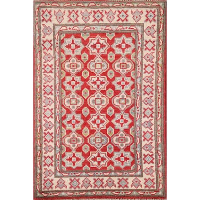 Geometric Kazak Foyer Rug Handmade Oriental Red Wool Carpet - 2'0" x 3'0"