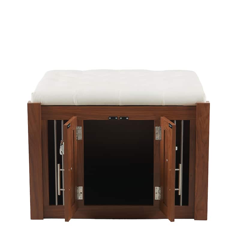‌30.25"L 2-in-1 Walnut Dog Crate with Padded Seat & Barn Door, Doubles as Ottoman with Removable Cushion.