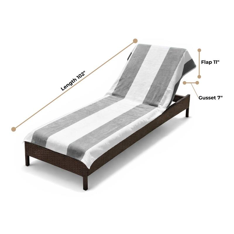 100% Cotton Cabana‑Stripe Lounge Chair Cover Terry Towel with Fitted Pocket & Back Flap Set of 2